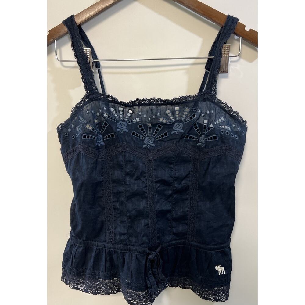 Y2K Abercrombie & Fitch Women's Milkmaid Top Small Navy Blue Lace Straps Preppy